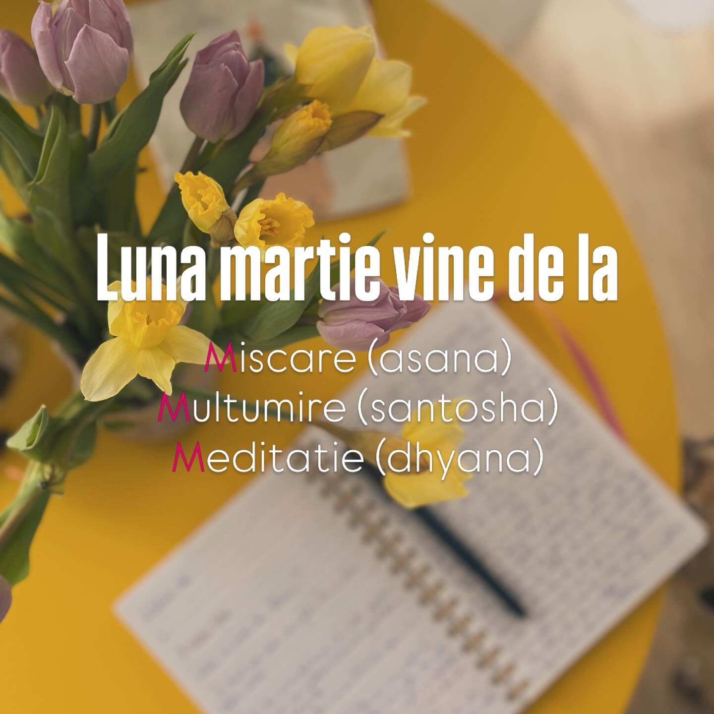Martie, bine ai venit 💗

In aprilie am facut o postare similara inspirata de un podcast de la @manuelaciugudean. Cuvinte busola care dau directia inceputului constient ☀️

Pentru mine, M din Martie vine de la:

🧘&zwj;♀️miscare - posturi pe saltea (
