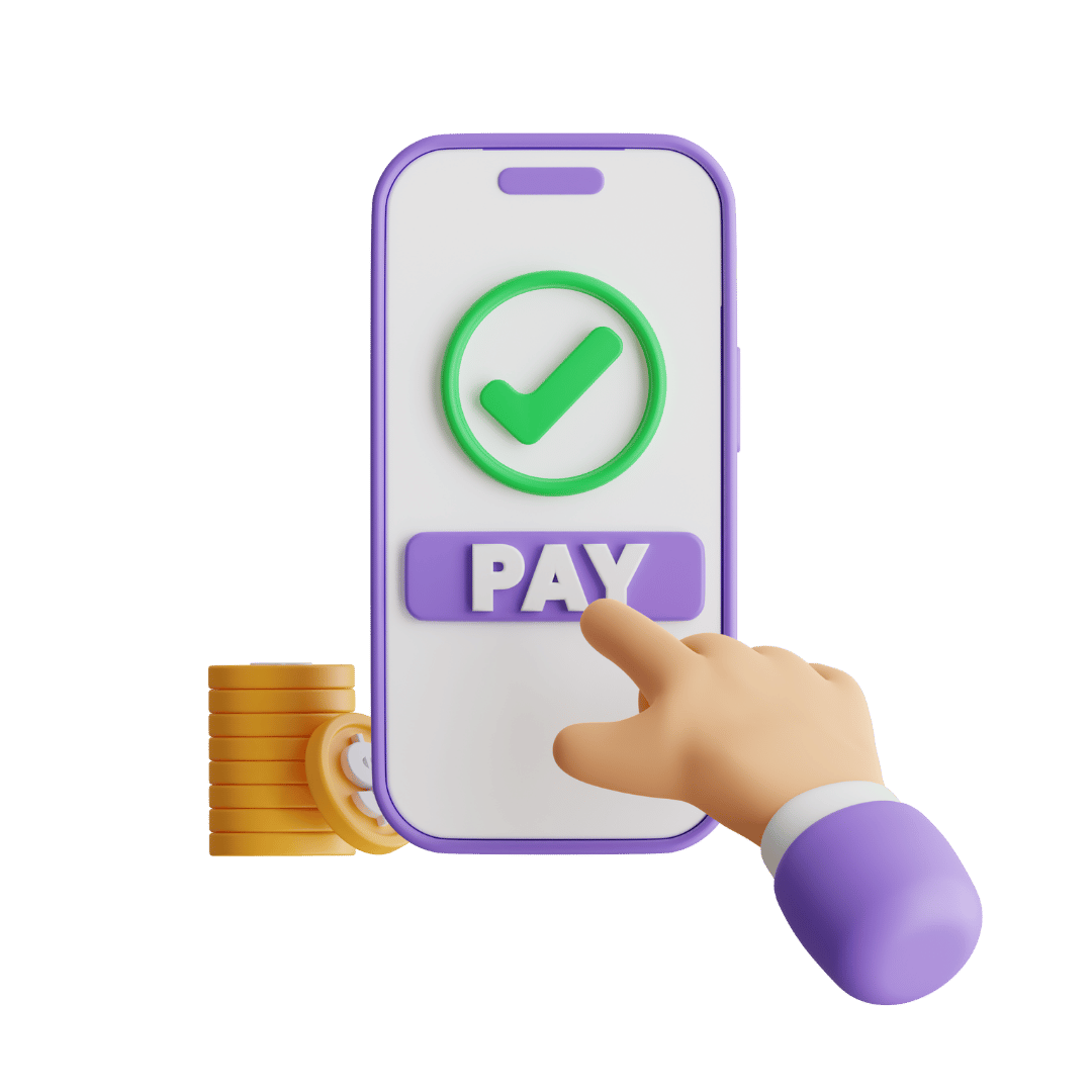 3D illustration of a hand tapping a purple 'PAY' button on a smartphone screen, with a green checkmark above and coins stacked beside it.