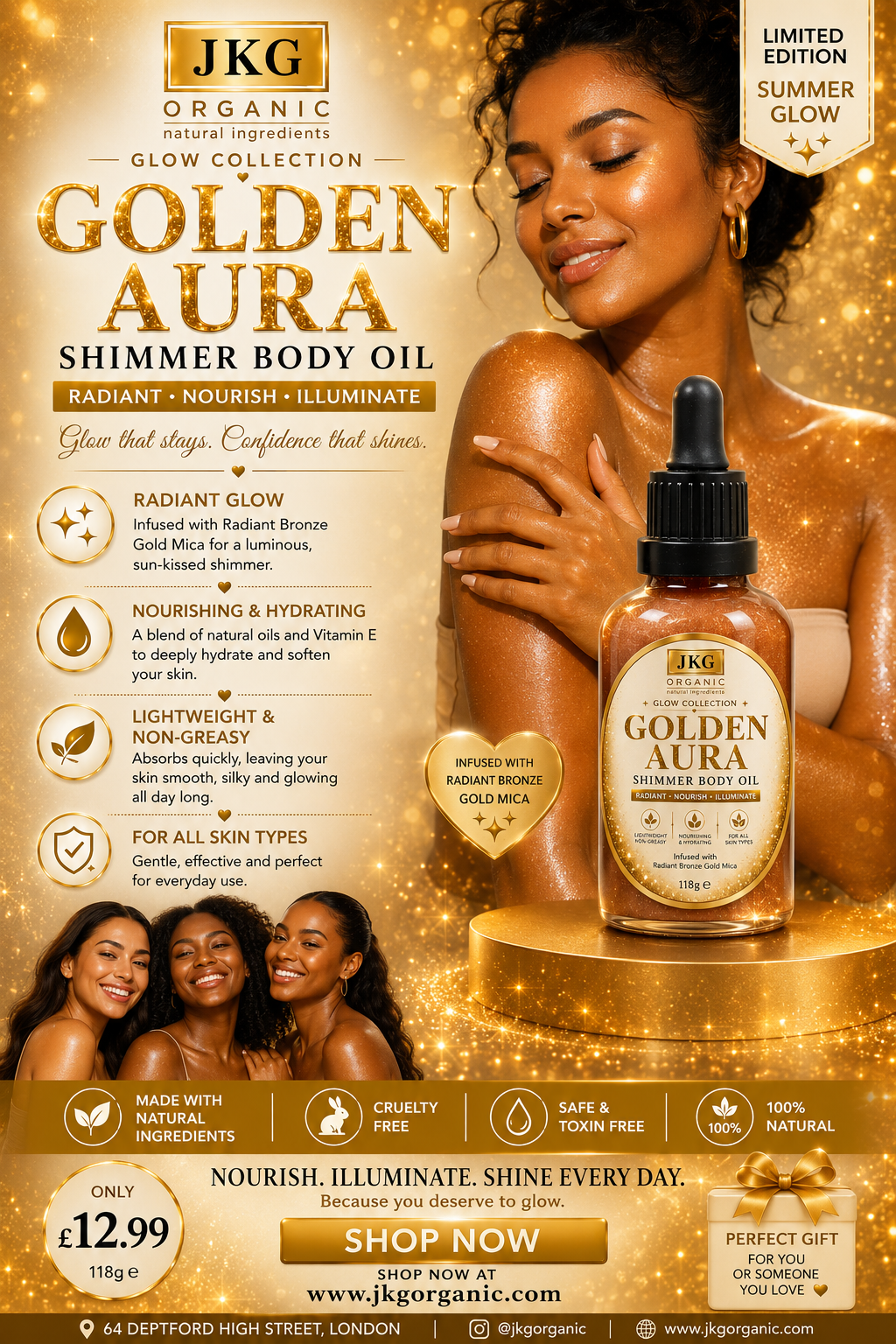 JKG Organic l  Golden Aura Shimmer Body Oil | Natural Body Glow Oil for Radiant Skin 118g