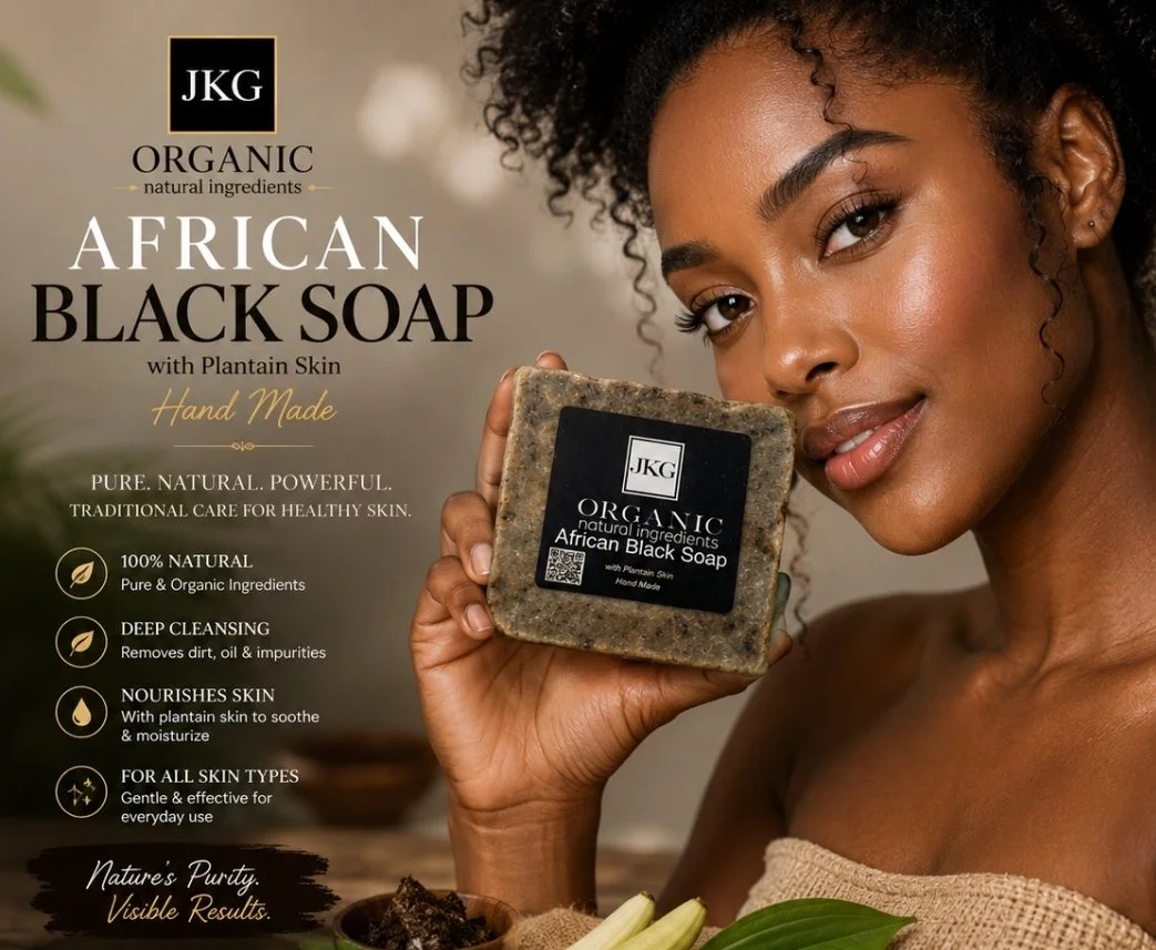 JKG Organic l African Black Soap with Plantain Skin, Cocoa Powder & Oats Traditional Skin Care for Clear, Smooth, and Balanced Skin