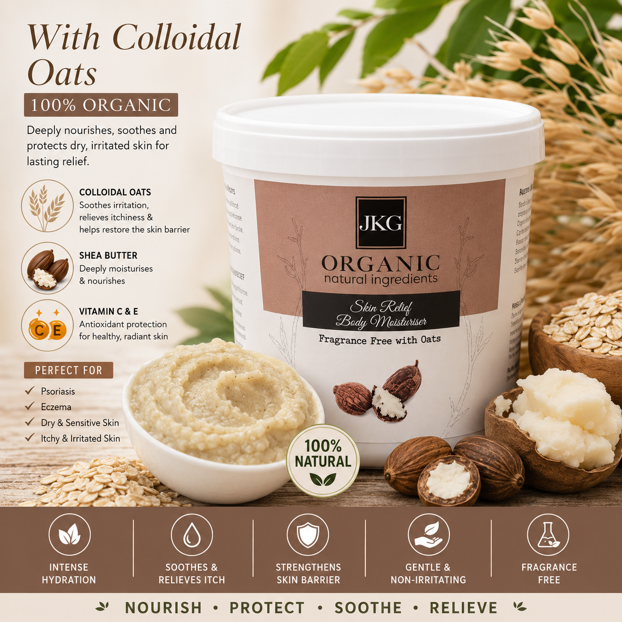 JKG Organic l Fragrance-Free Body Moisturiser with Colloidal Oats for Itchy & Sensitive Skin | 200ml