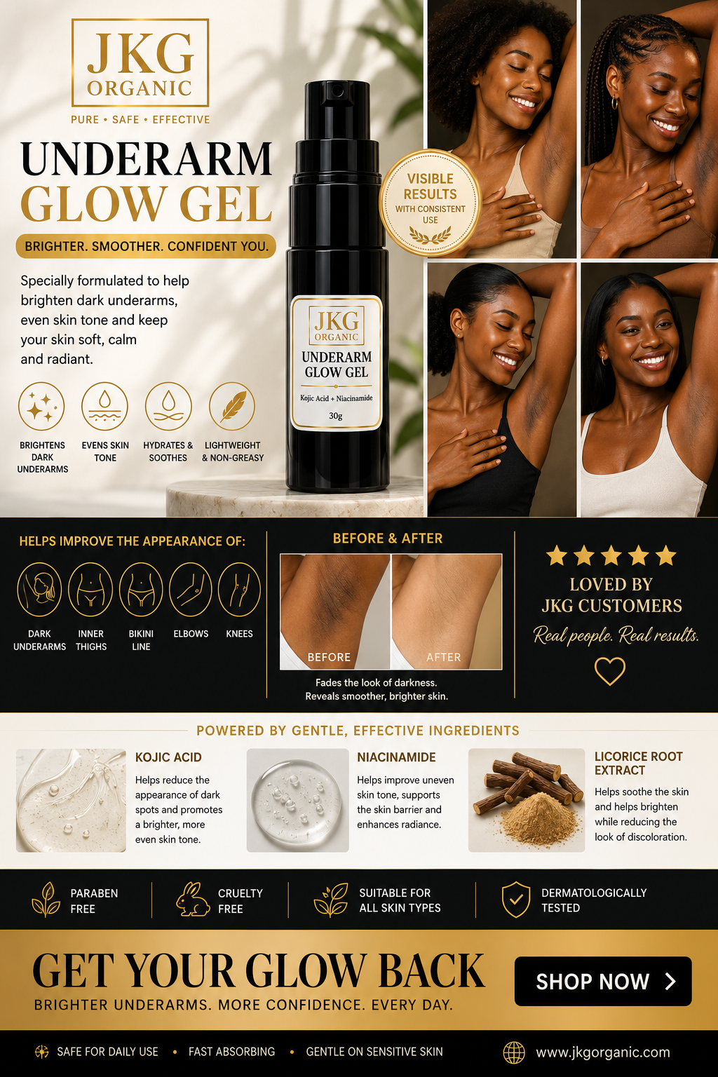 Natural Underarm Glow Gel for Dark Armpits | Kojic Acid + Niacinamide | JKG Organic 30g