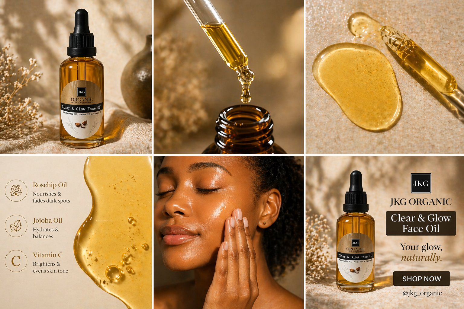 JKG Organic l Clear & Glow Face Oil with Rosehip | Brightening Facial Oil (86g)