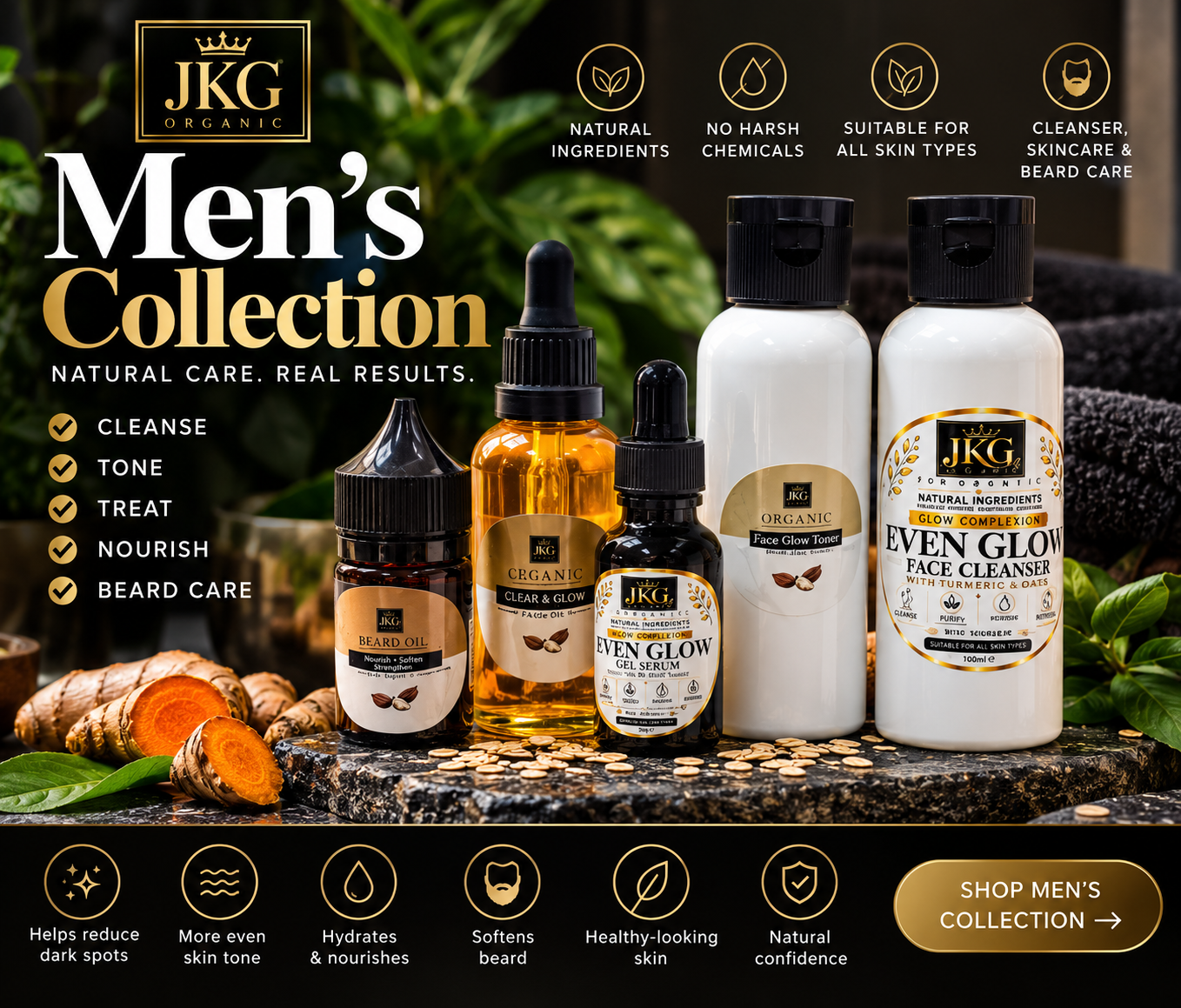 JKG Organic Men's Ultimate Even Glow & Beard Care Bundle | 5-Step Skincare Routine