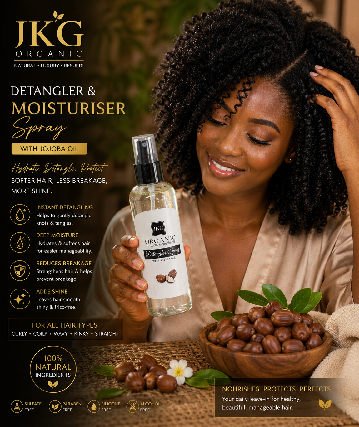 JKG Organic l Detangler & Daily Hair Moisturising Spray (285ml): Effortless Detangling Meets Daily Moisture Care