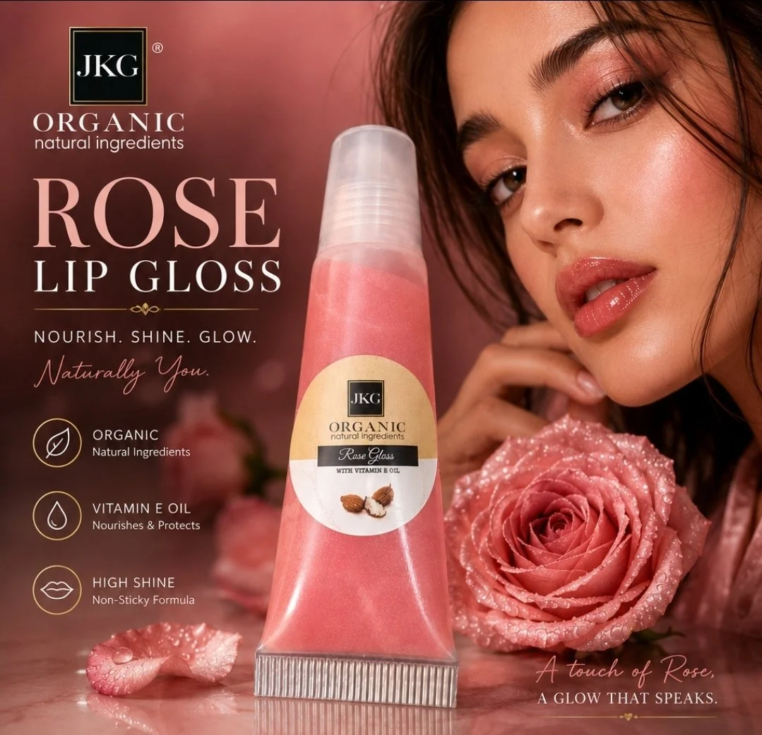 JKG Organic l Rose Lip Gloss l Gold l Pink l Clear l (Available in a Tube) 5ml