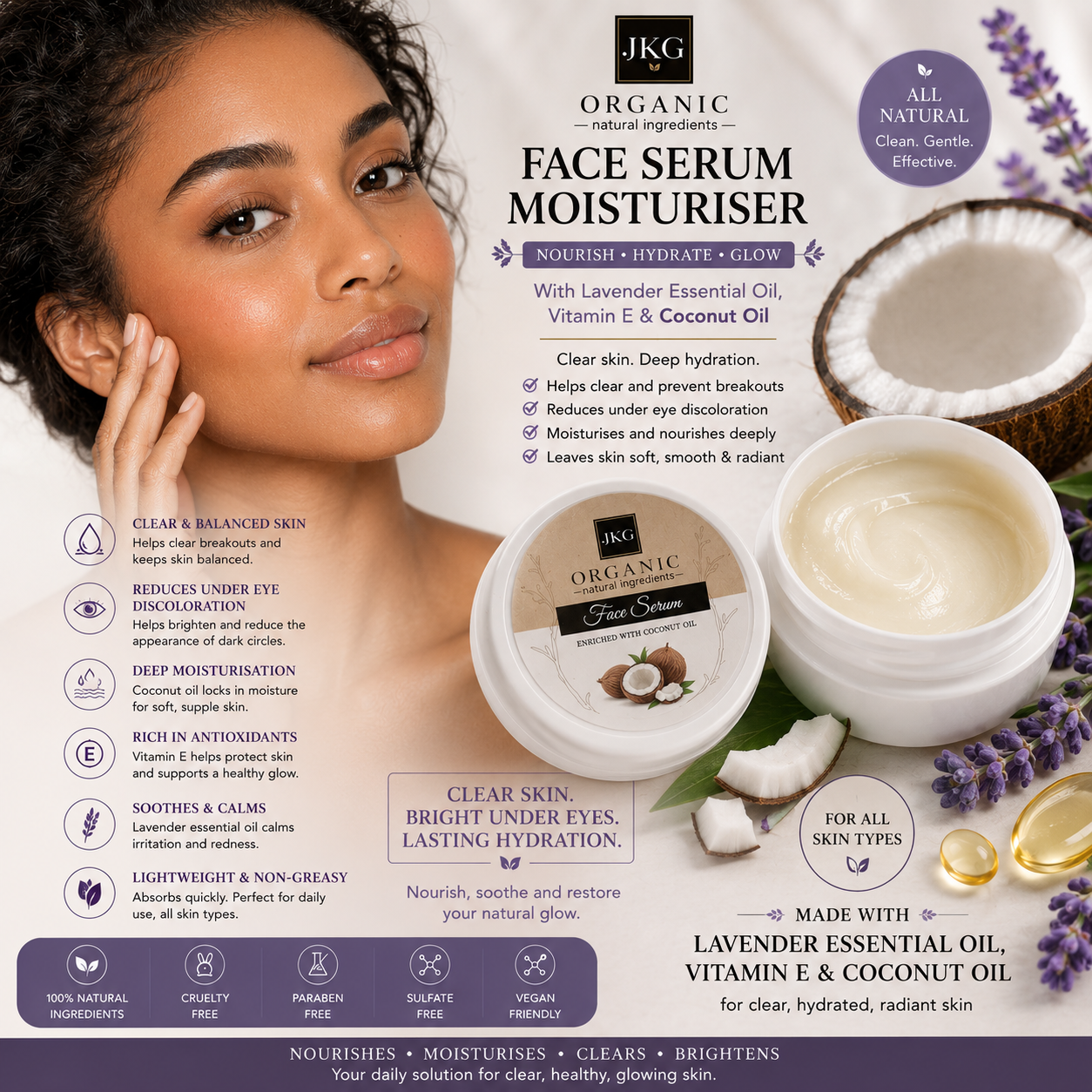 JKG  Organic l Natural Face Serum with Coconut Oil and Lavender  (70ml): Calm, Hydrate & Glow – Naturally