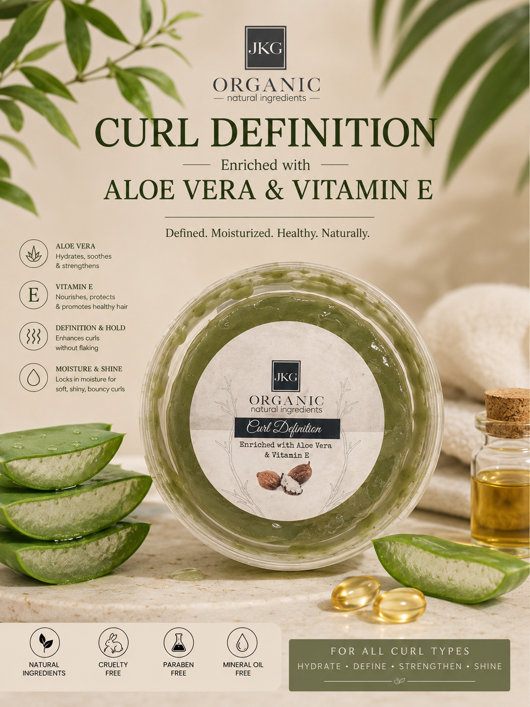 JKG Organic l  Aloe-Enriched Curl Definition Cream (350ml): Unlock the Secret to Smooth, Defined Curls