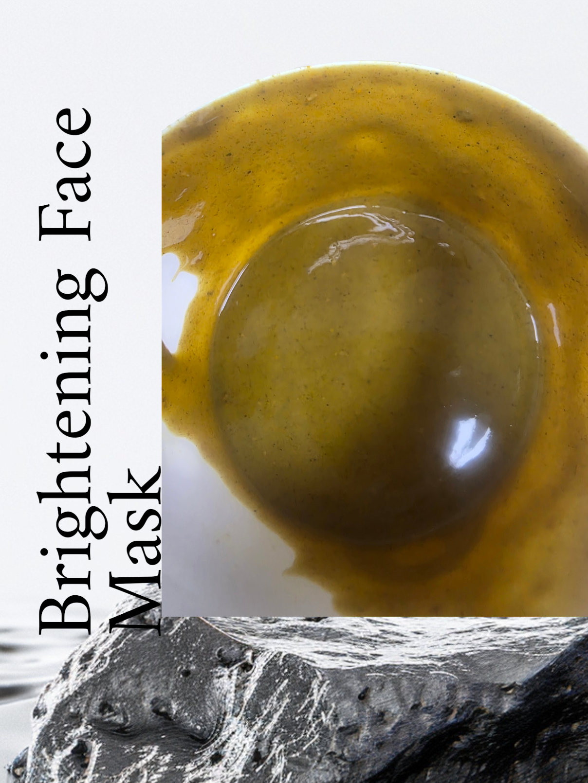 Close-up of a bowl with mustard and herbs, labeled "Brightening Face Mask" in black text, with a background of a black and white mountain scene.