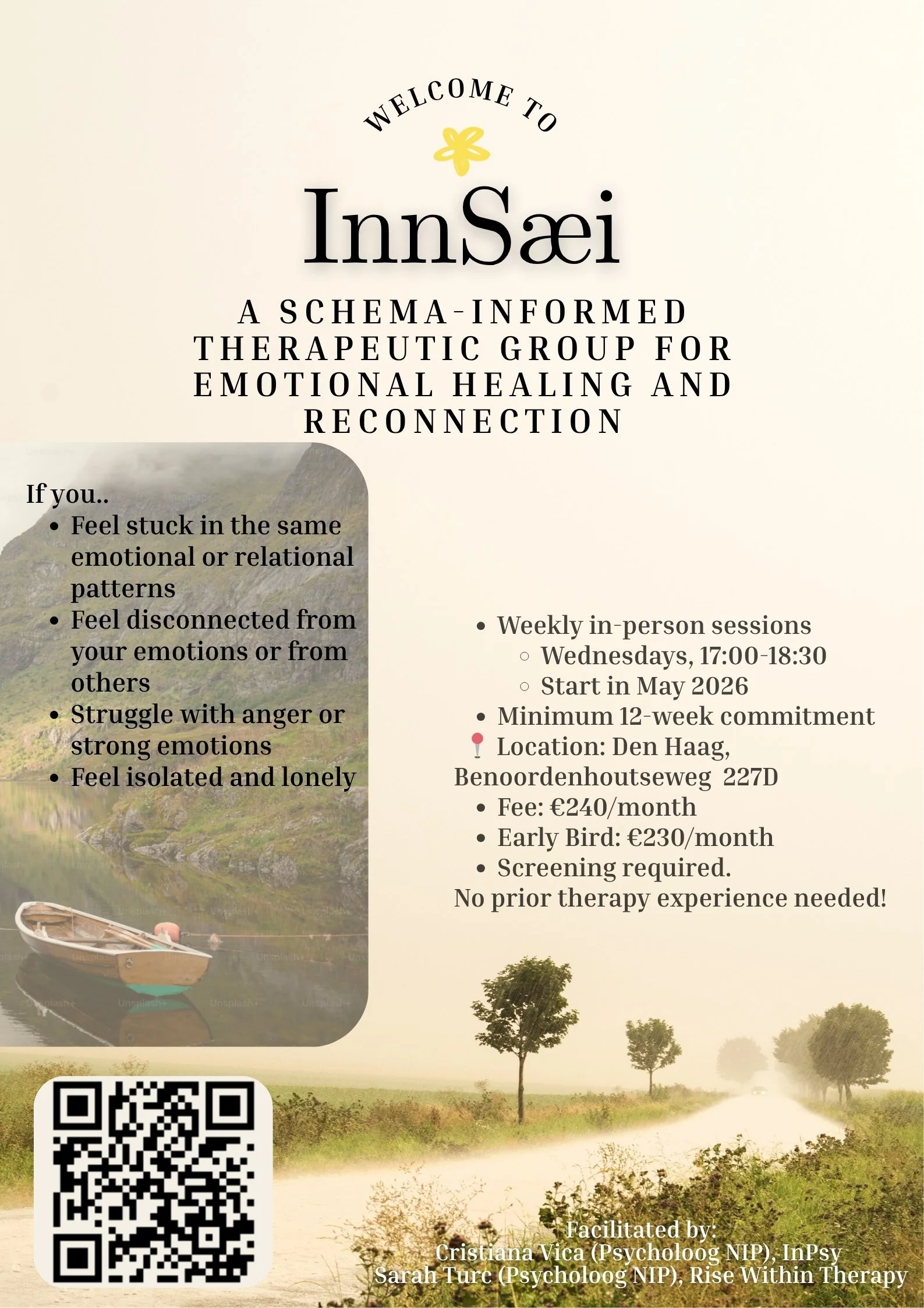 A flyer for InnSæi, a therapeutic group for emotional healing and reconnection, featuring a landscape with a boat on a river, trees, and a mountain. The flyer lists session details, pricing, and includes a QR code and facilitator information.