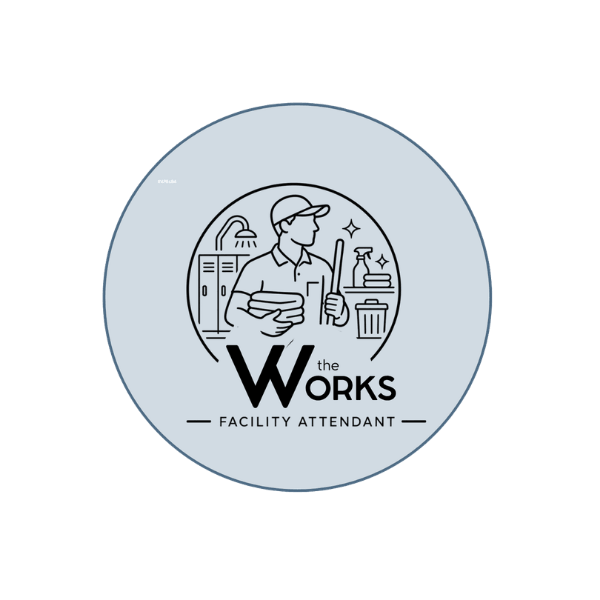 Facility Attendant icon showing a staff member with towels and cleaning supplies beside The Works logo.