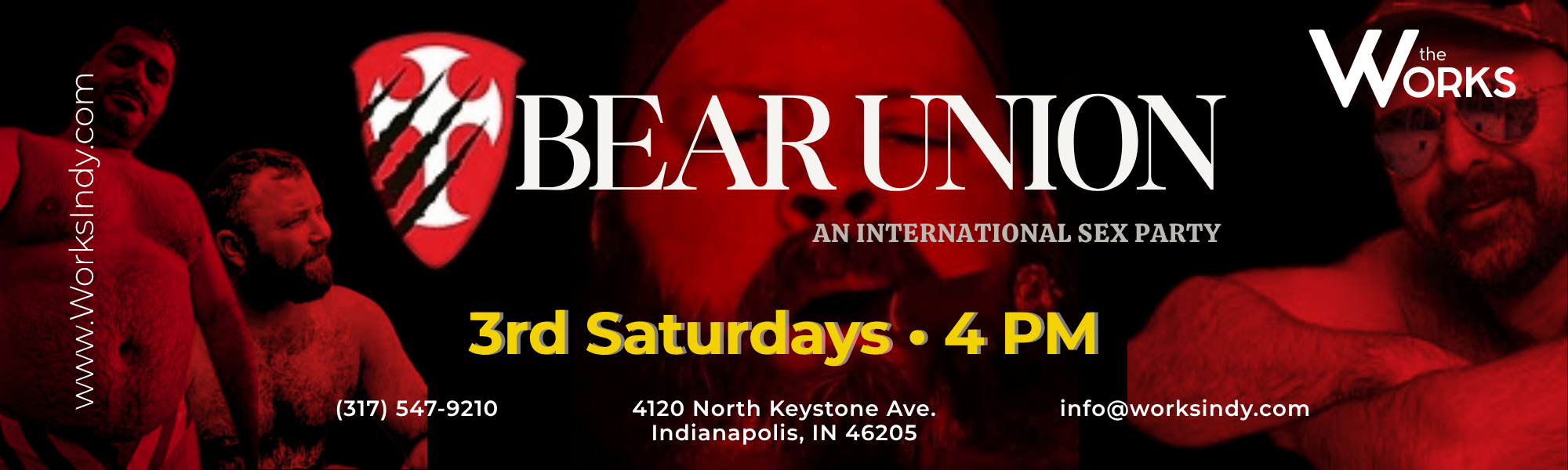 BearUnion at The Works Indy event banner featuring bearded men in red lighting, held every third Saturday at 6 PM.