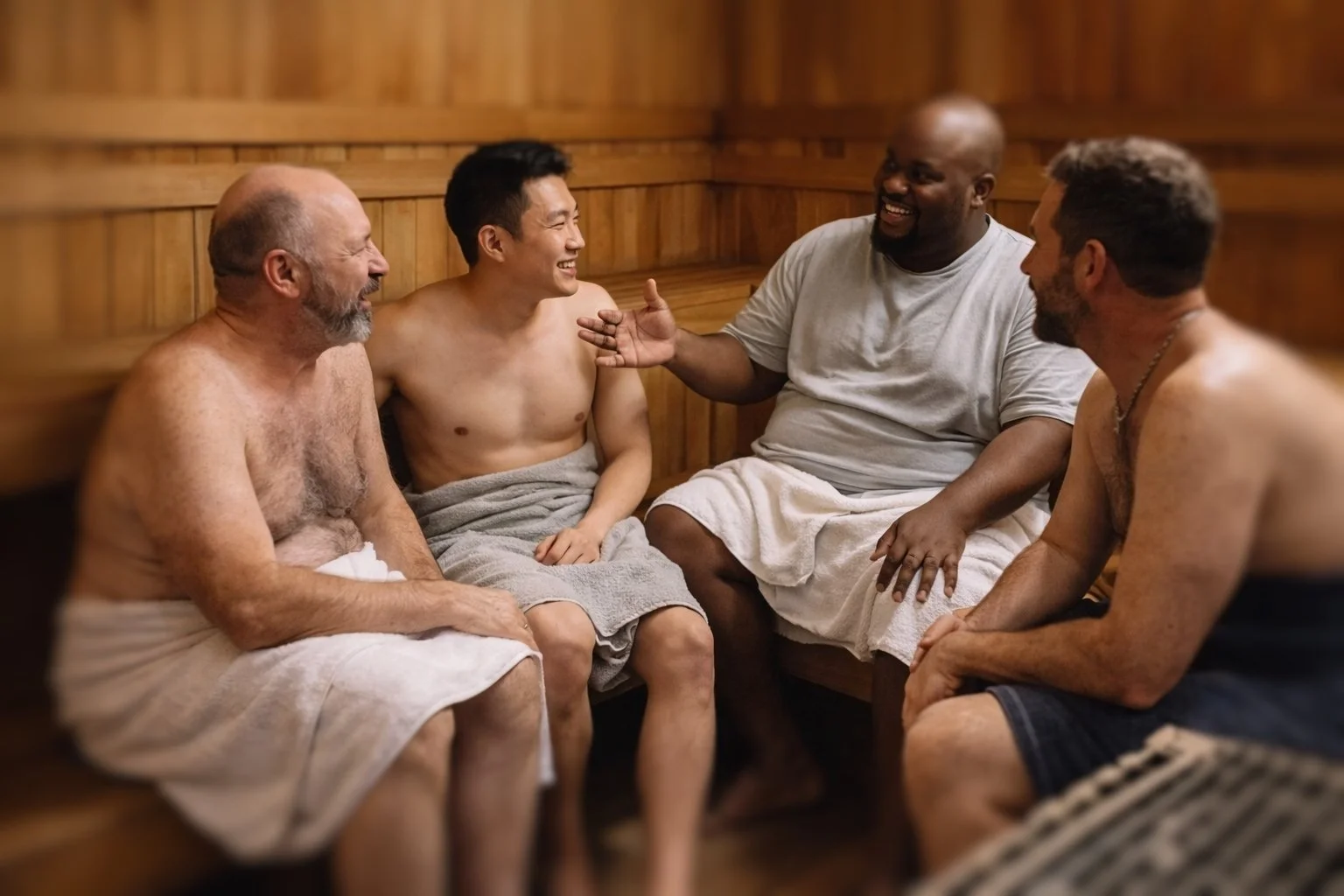 Group of men of different ages and body types relaxing together in the sauna at The Works Indy.setting