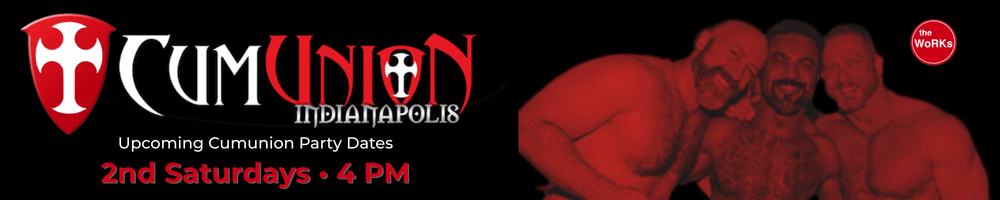 CumUnion Indianapolis monthly event graphic featuring red-toned silhouettes, event name, ‘Second Saturday Every Month,’ service time 4:00 PM, and The Works logo with Indianapolis location details.