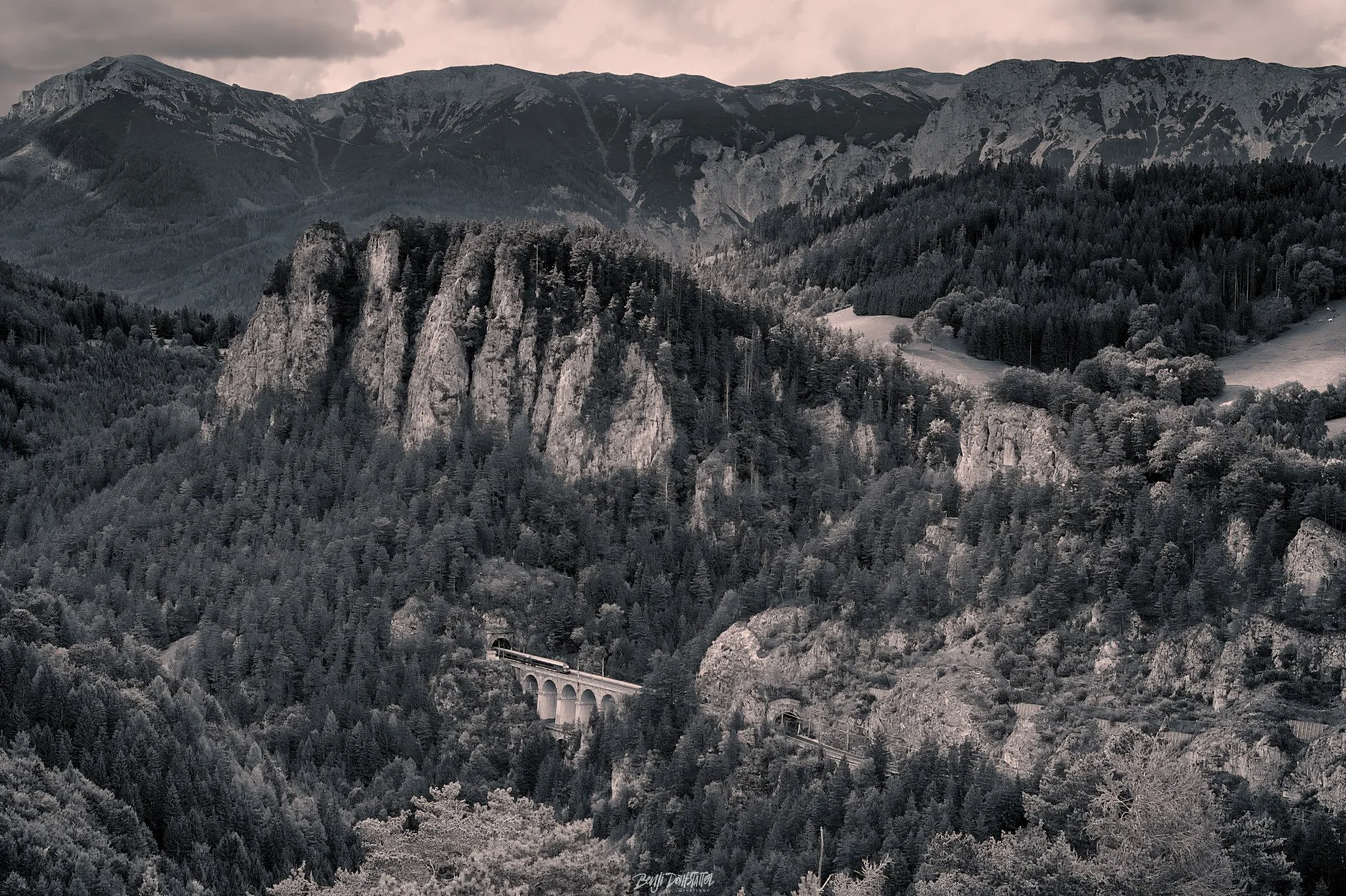 Black and white landscape photo of rugged mountains with dense forest, a train on a bridge, and a cloudy sky.