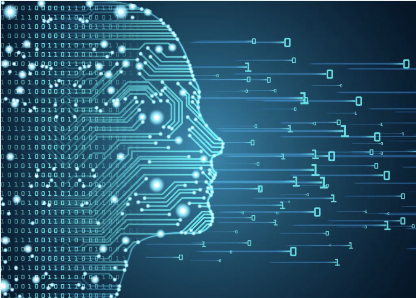 Silhouette of a human head made of circuit board patterns with binary code on a blue background.