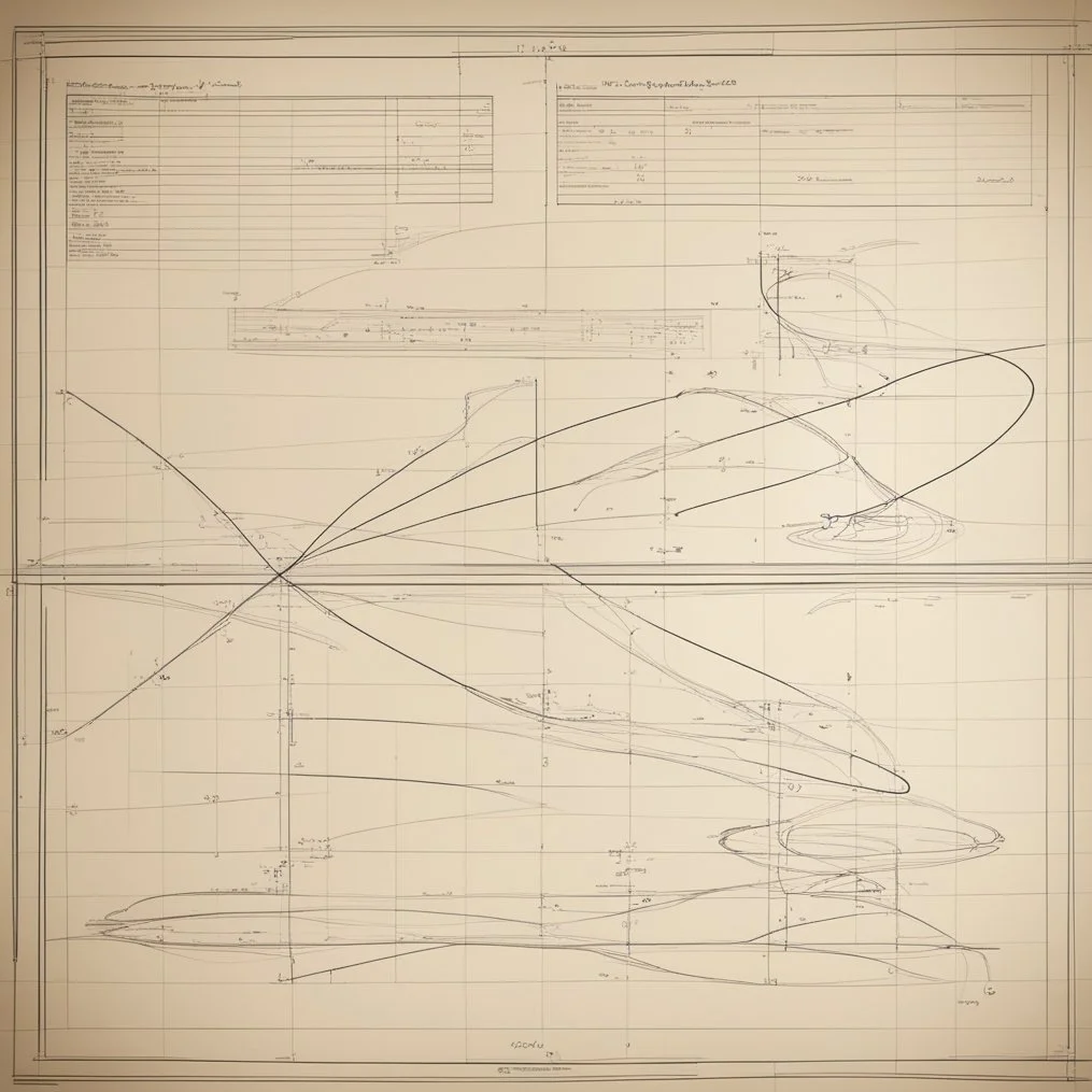 Historical technical drawing of a bird flight diagram, displaying complex lines and annotations, likely showing aerodynamic principles or flight patterns.