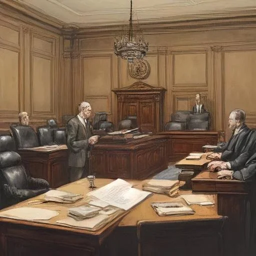 Illustration of a courtroom with a judge, lawyers, and paperwork on tables.