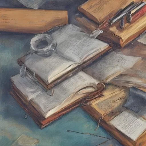 Collection of open books with pens and papers on a table