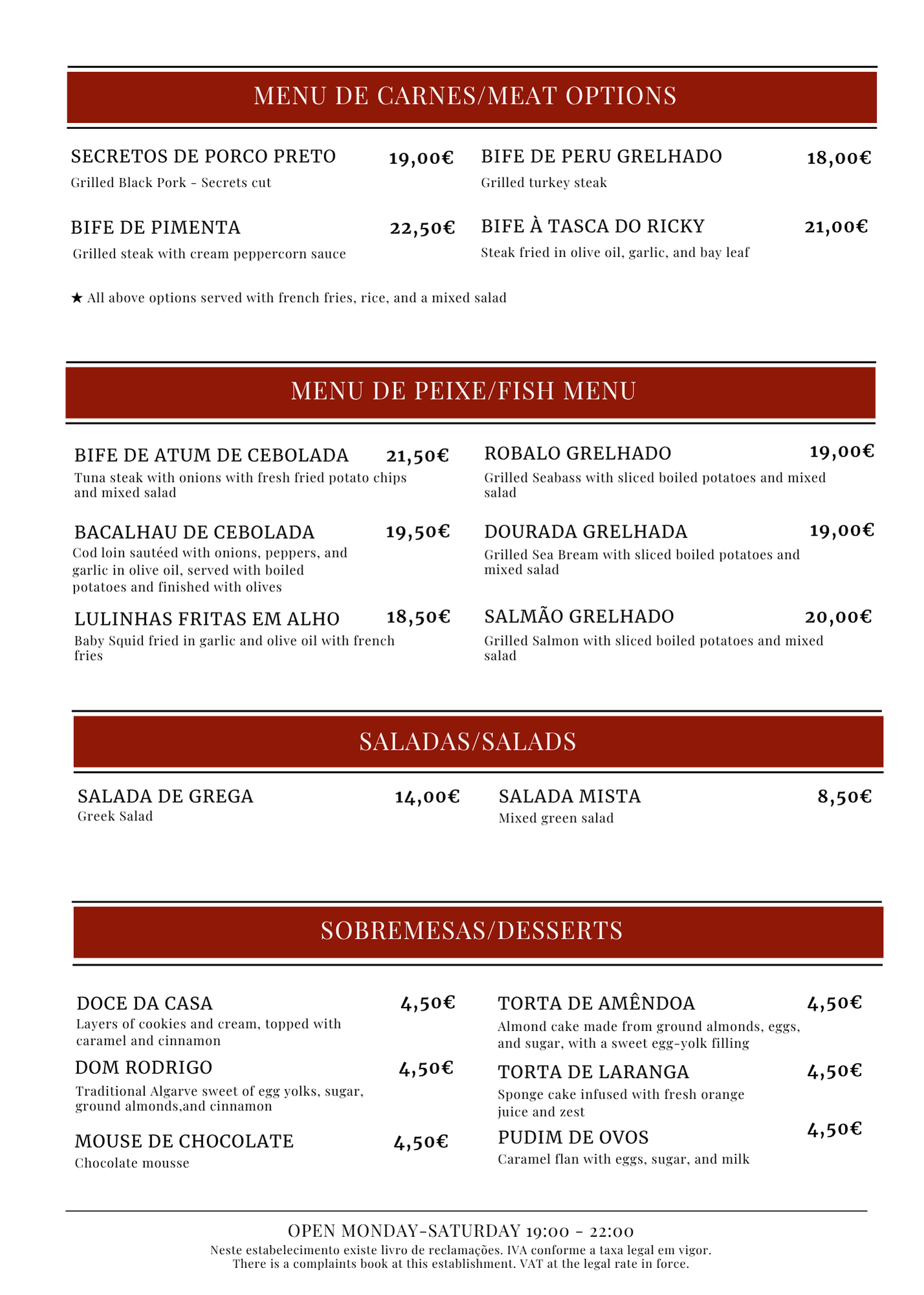A restaurant menu featuring meat options, fish options, salads, and desserts, with prices listed in euros.