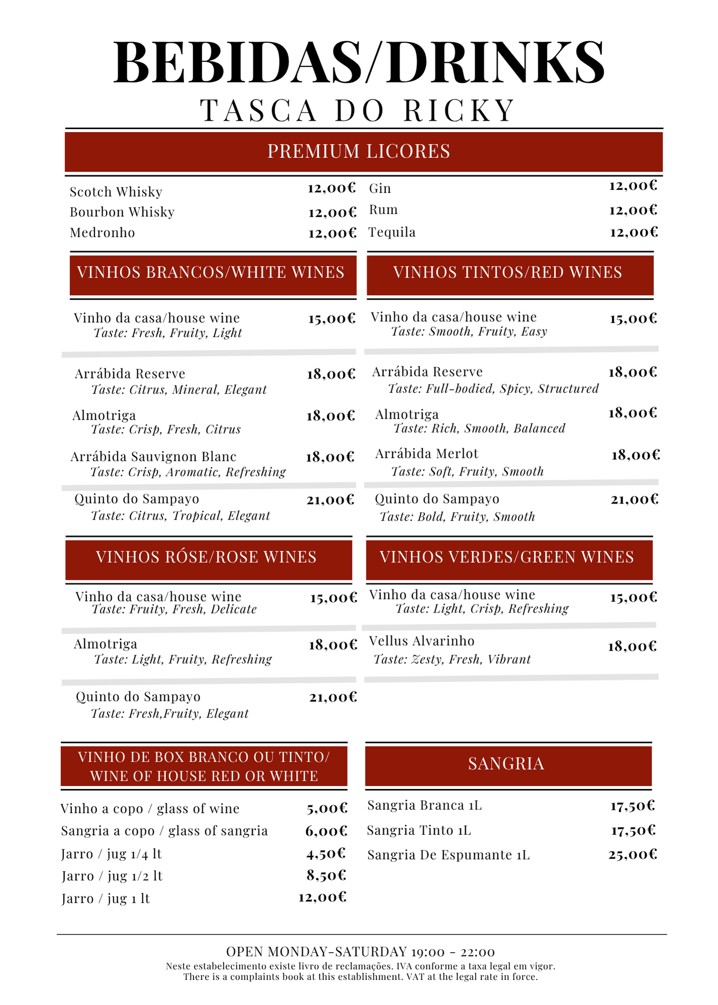 Menu listing various drinks including whiskeys, wines, and sangria with prices in euros, organized into sections with headers in bold and red background.