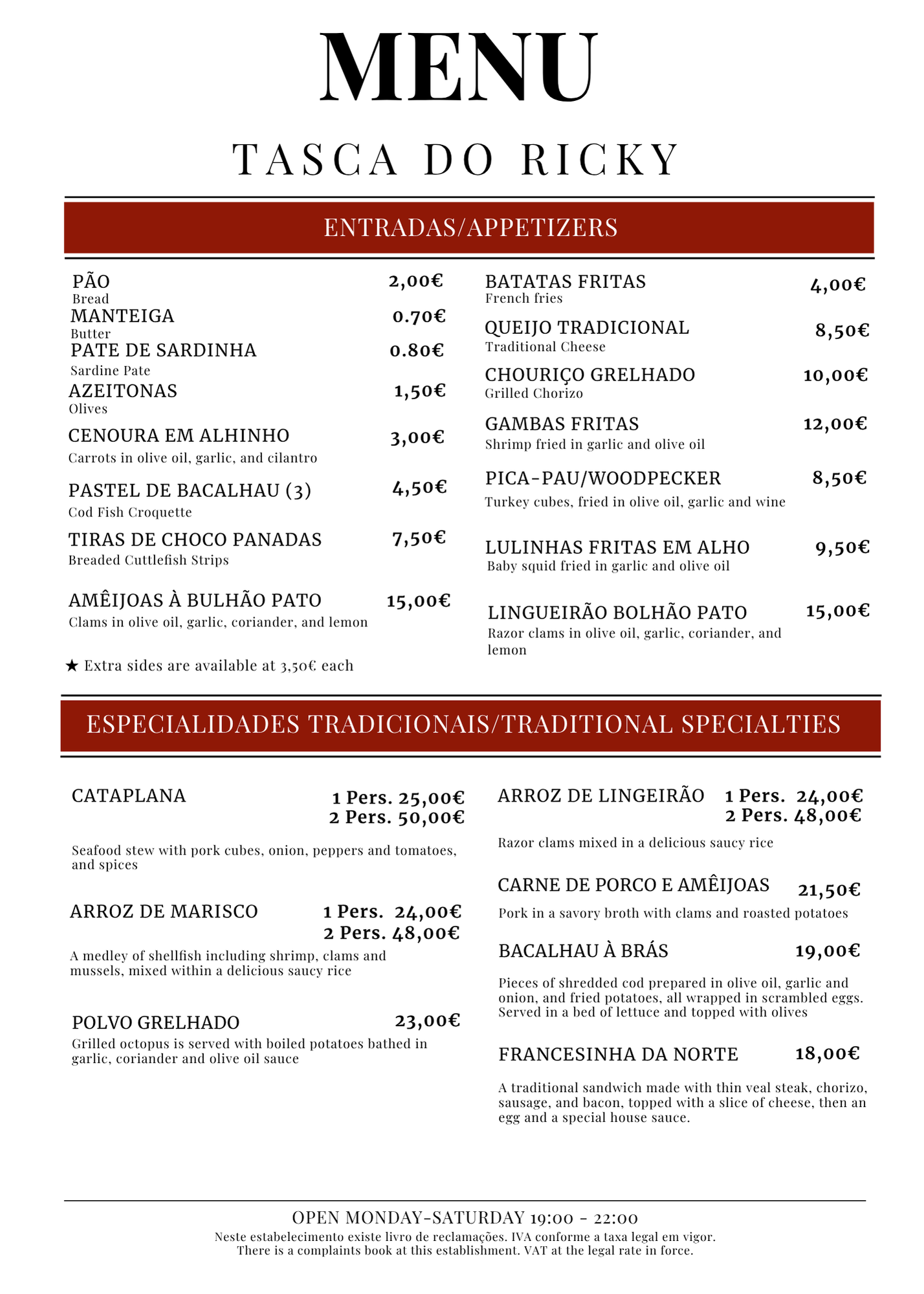 Restaurant menu titled 'Tasca do Ricky' with categories for appetizers and traditional specialties, listing various dishes and prices in euros.