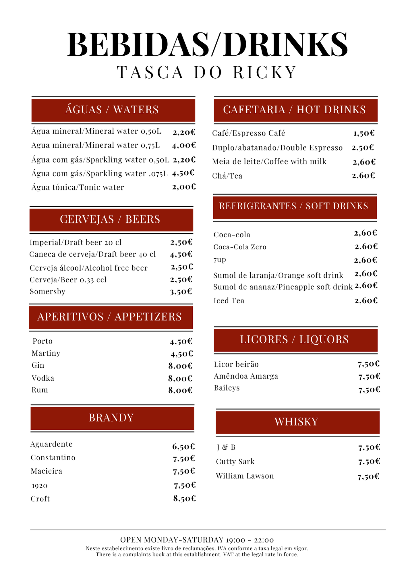 A menu featuring drinks categorized into waters, beers, aperitifs, soft drinks, brandy, whiskey, and liquors, with prices listed in euros.