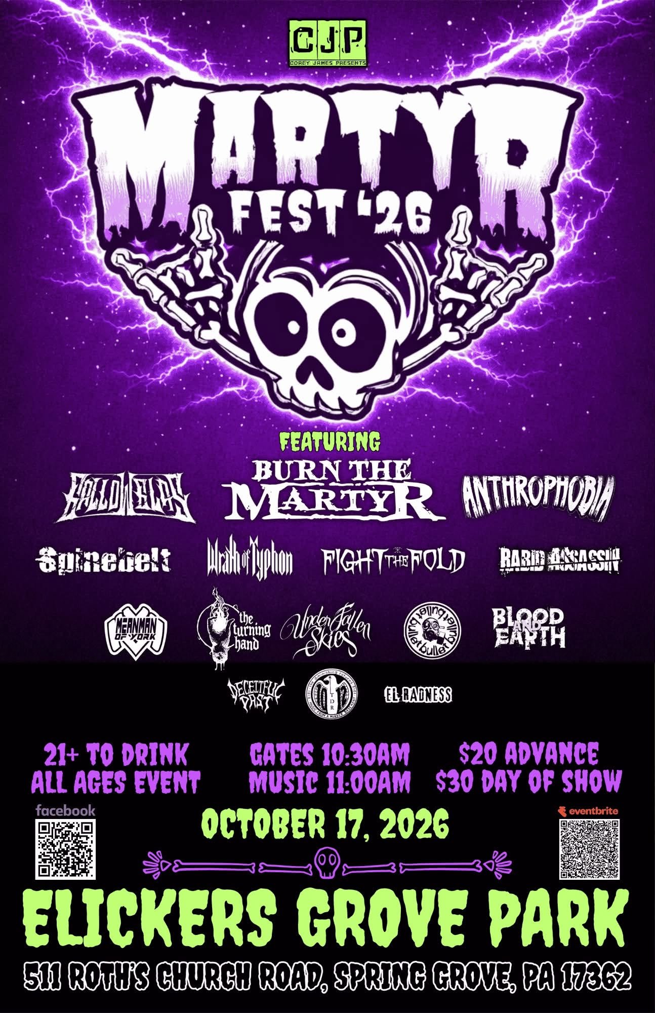 MartyrFest 2026 flyer for October 17 at Elickers Grove Park in Spring Grove, Pennsylvania, featuring Burn the Martyr and other hard rock and metal bands.