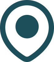 A dark teal map pin icon on a black background.