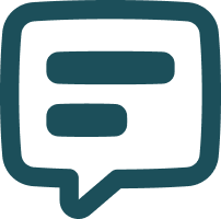 A dark teal speech bubble icon with lines representing text inside
