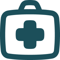 A dark teal medical kit with a cross symbol.