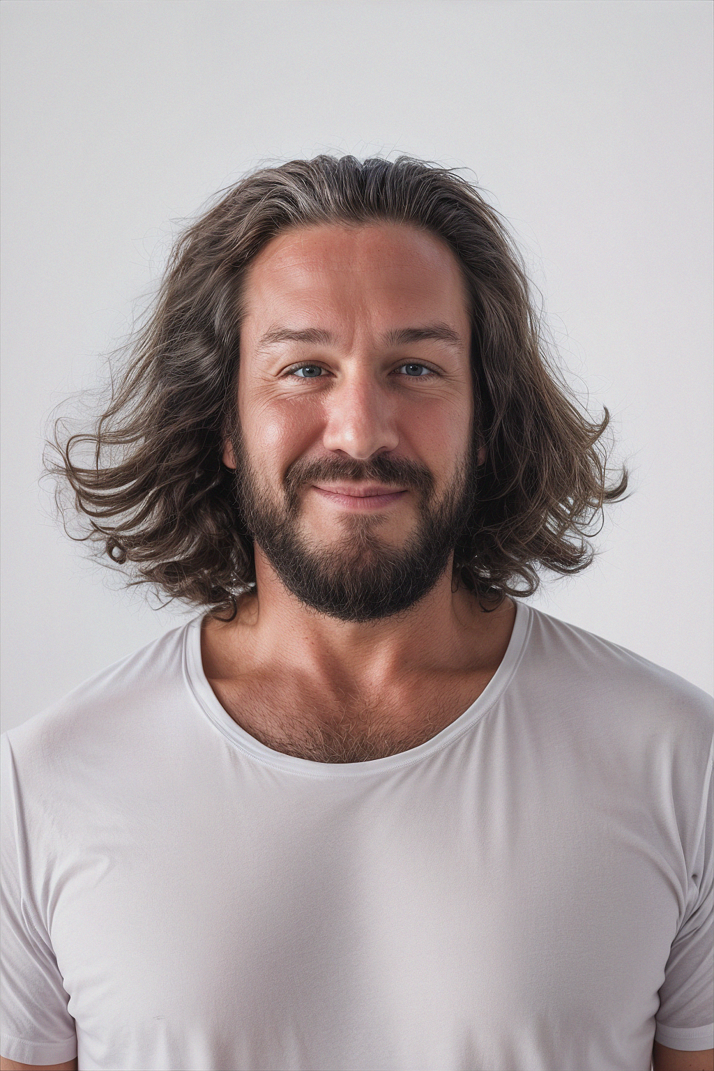 A man with long, wavy brown hair and a beard, smiling softly in front of a plain light gray background, wearing a white t-shirt.