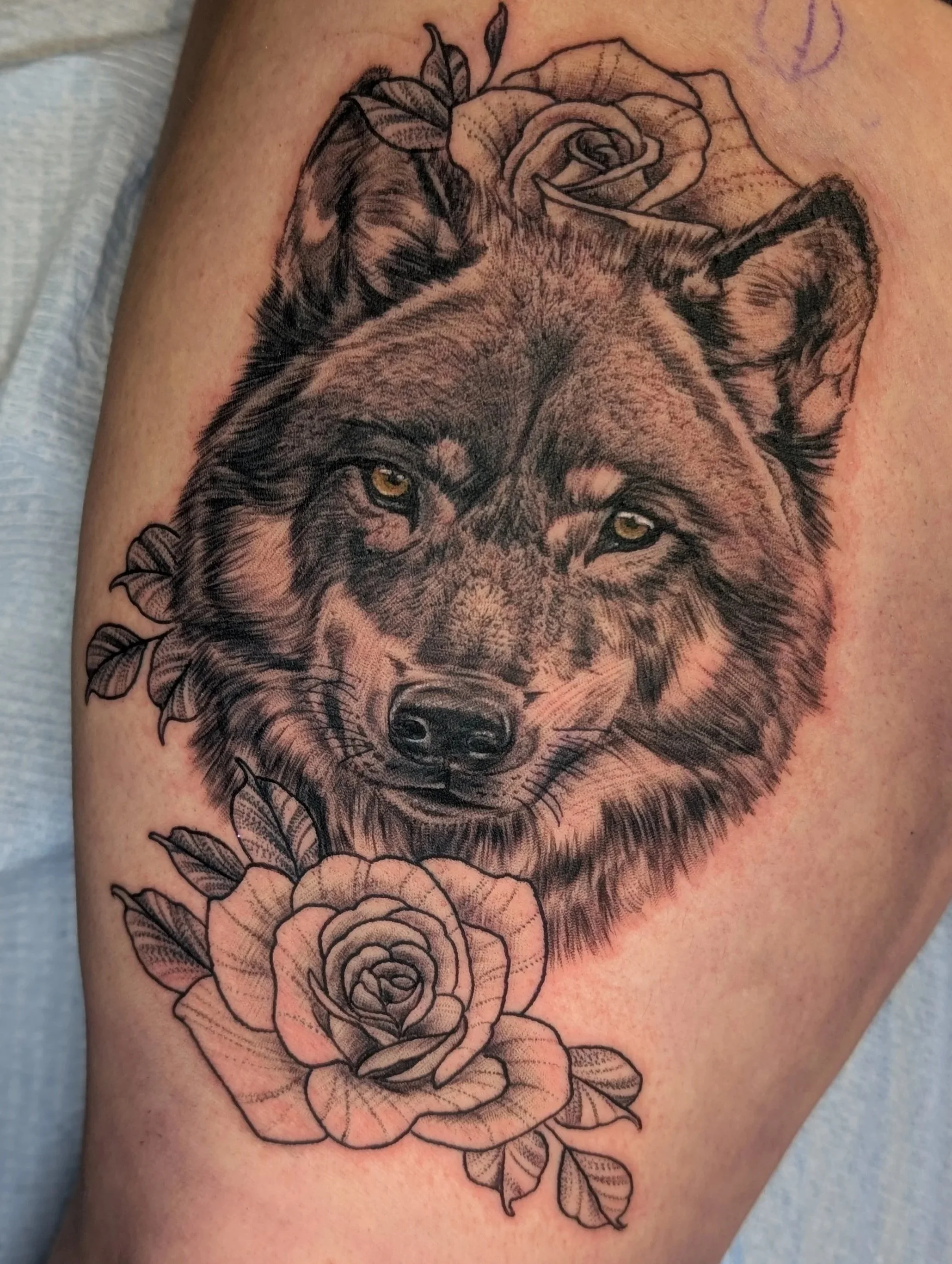 Wolf Realism Tattoo with Floral