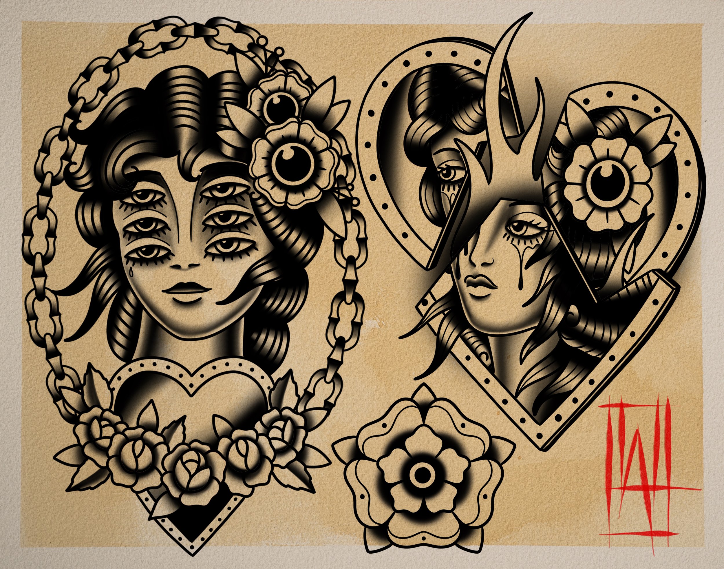 Black line drawing of a woman with multiple eyes, floral accessories, and decorative elements in a traditional tattoo style.