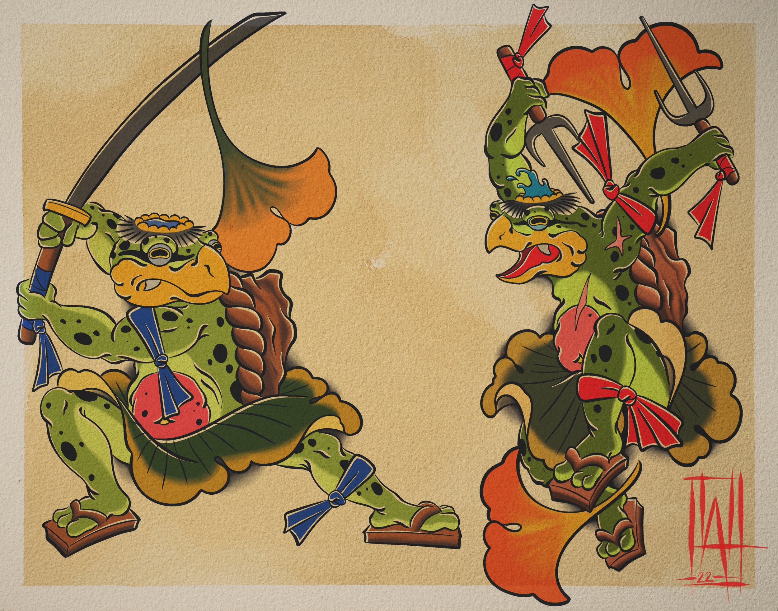 Colorful illustration of two Japanese inspired Kappa yokai. Teenage mutant ninja turtles inspired illustration. Bold outline, bright colors.