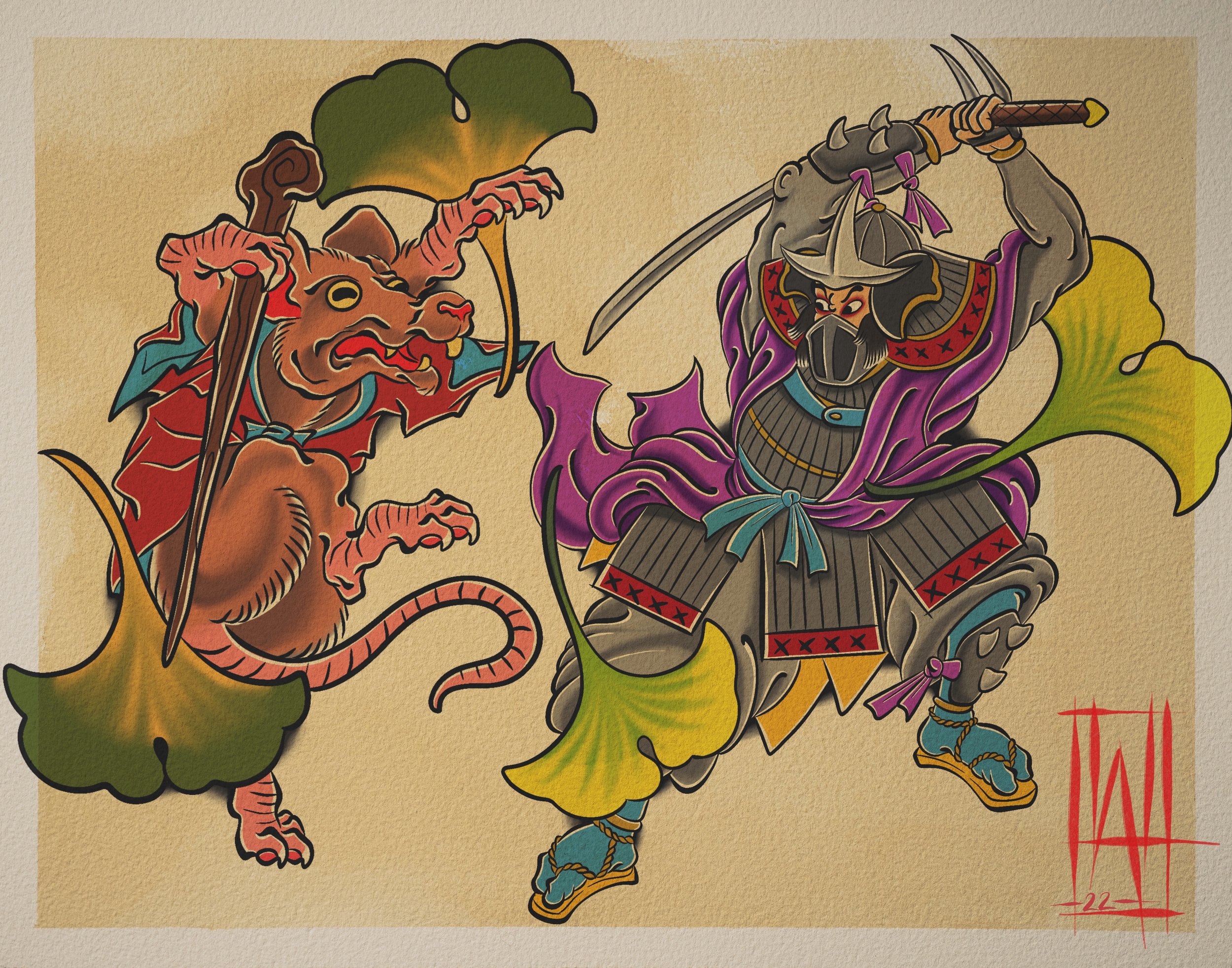 Illustration of Japanese inspired samurai based on teenage mutant ninja turtles. Master Splinter and The Shredder. Bold outlines, vibrant colors.