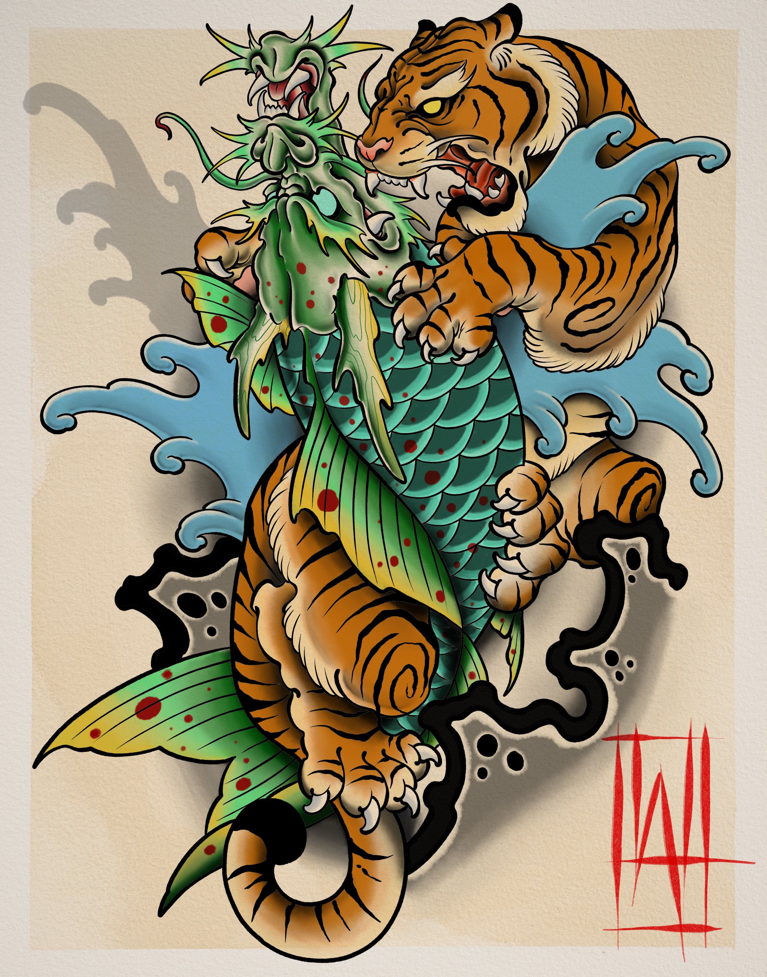 A colorful traditional Japanese-style tattoo design of a tiger and koi dragon battle. Bold outlines, vibrant colors.