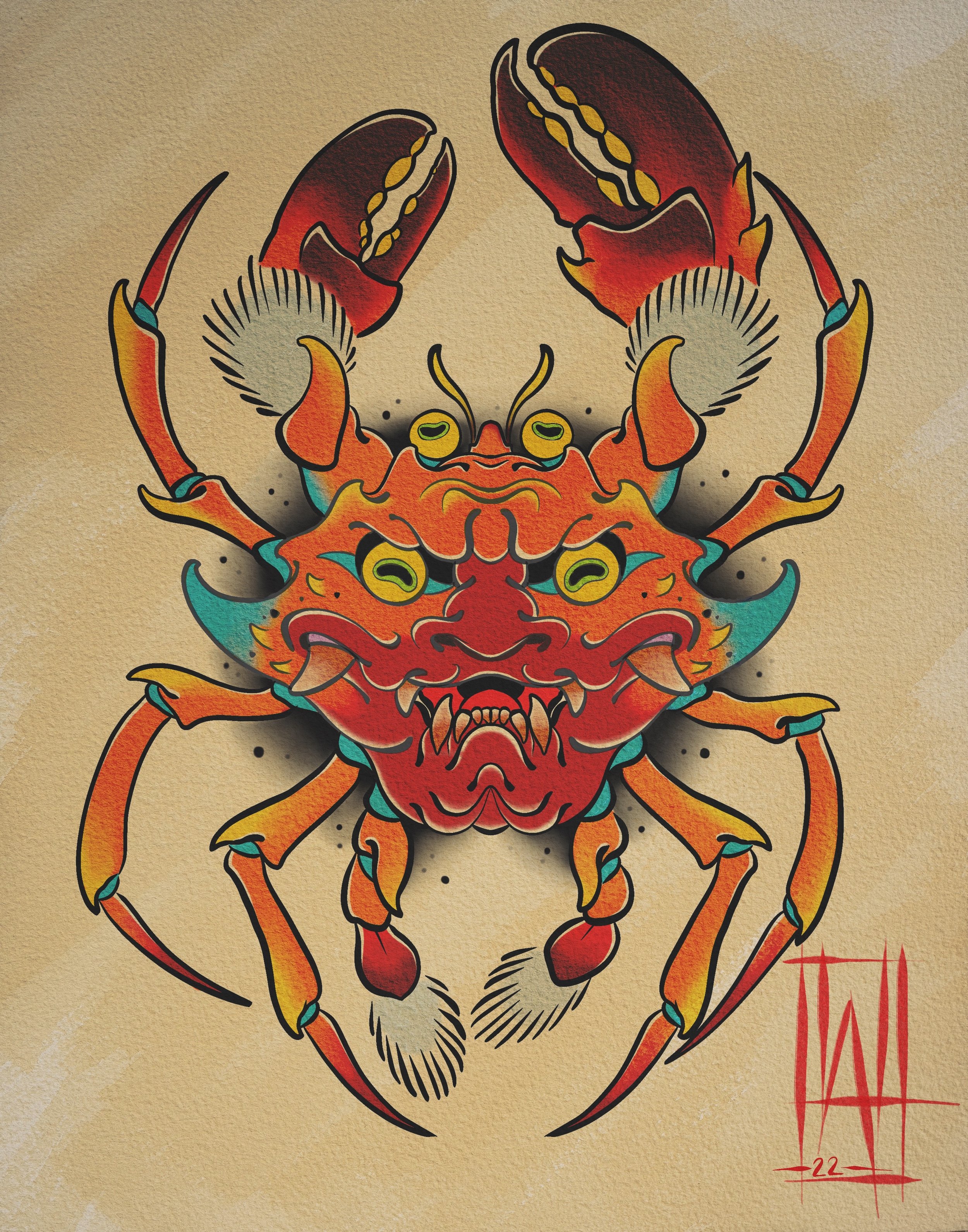 A colorful illustration of a heikegani. A Japanese inspired folklore design. Bright, vibrant colors, bold outlines.