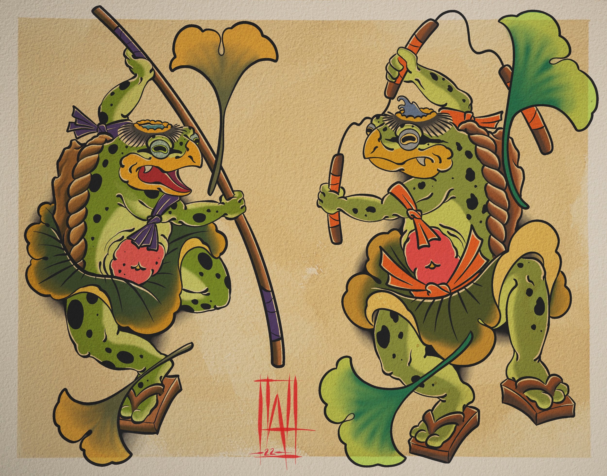 Illustration of two Japanese inspired Kappa yokai. Teenage mutant ninja turtles inspired illustration. Bold outline, bright colors.