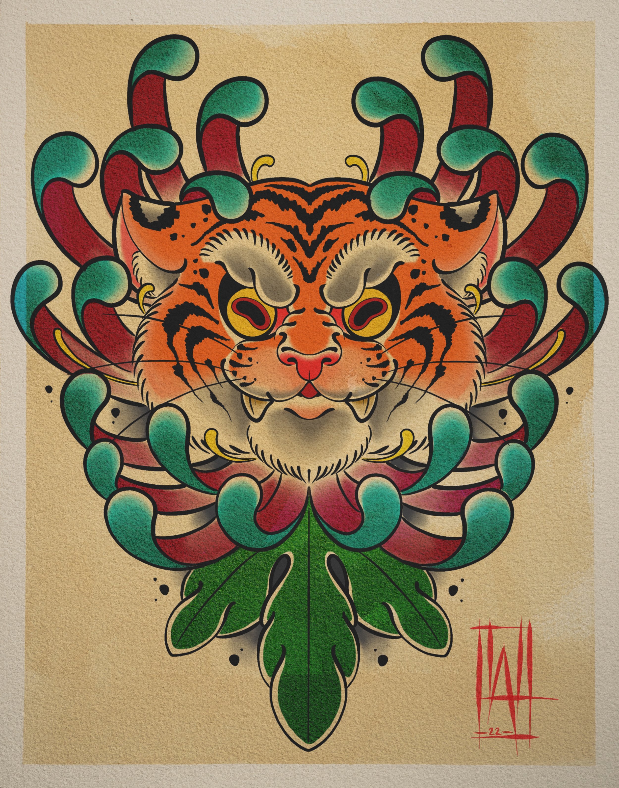 A colorful tattoo-style illustration of a tiger's face combined with a symmetrical chrysanthemum flower. Bold outlines, vibrant colors.