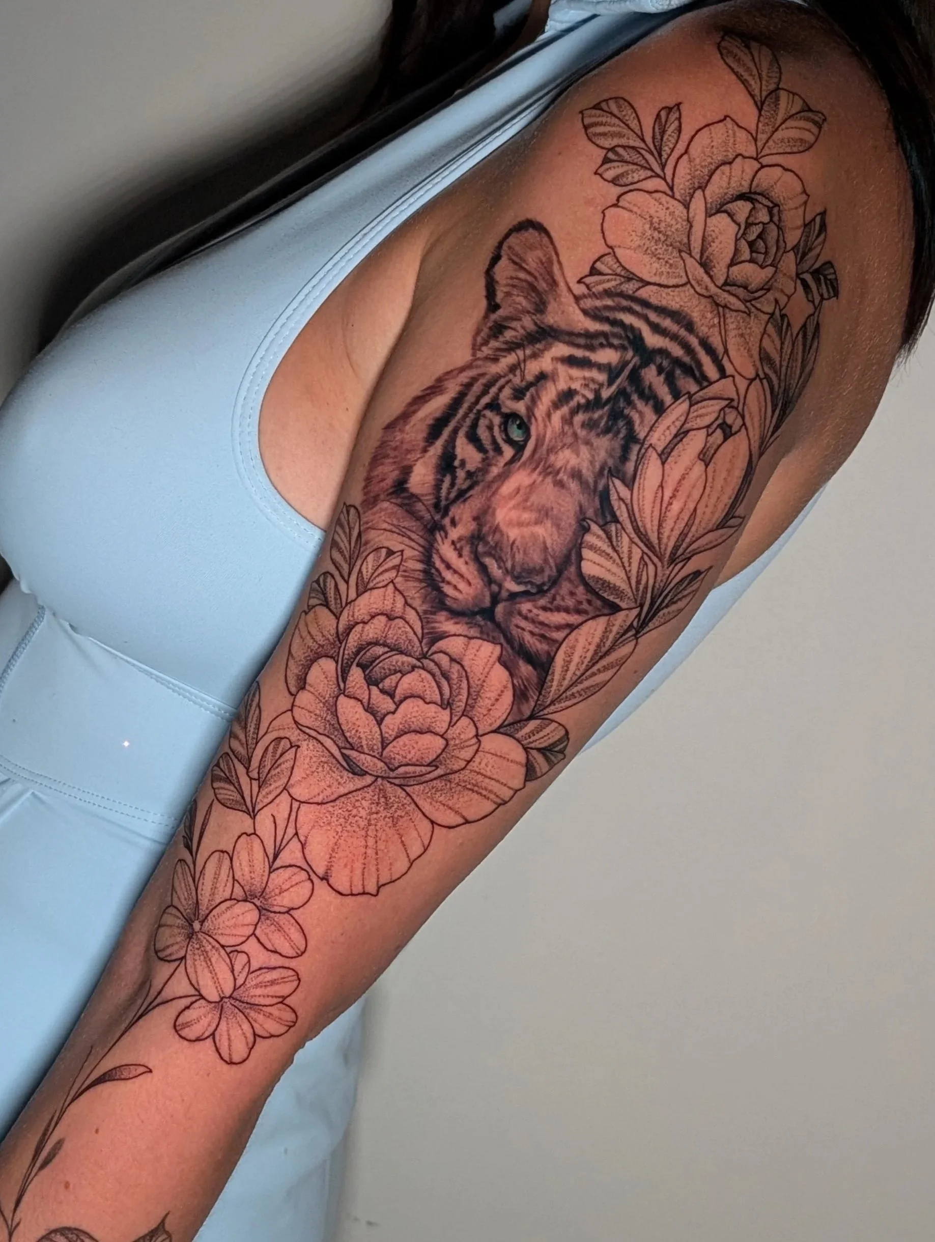 Tiger Realism Tattoo Fineline Floral