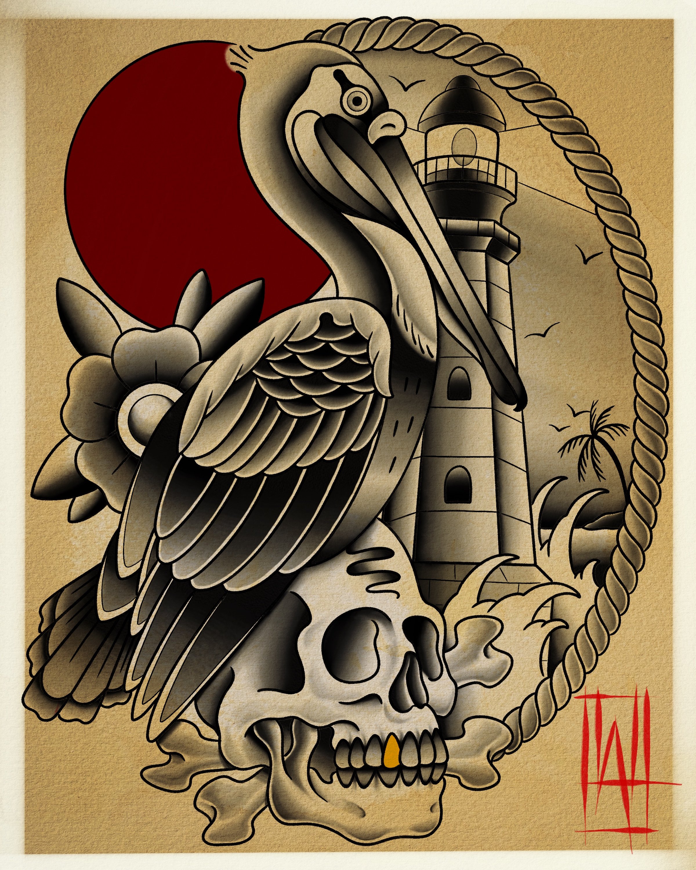 A tattoo-style artwork depicting a pelican standing on a skull with a red sun background, a lighthouse, palm trees, and a decorative rose, all in a monochromatic color scheme with black outlines and shading.