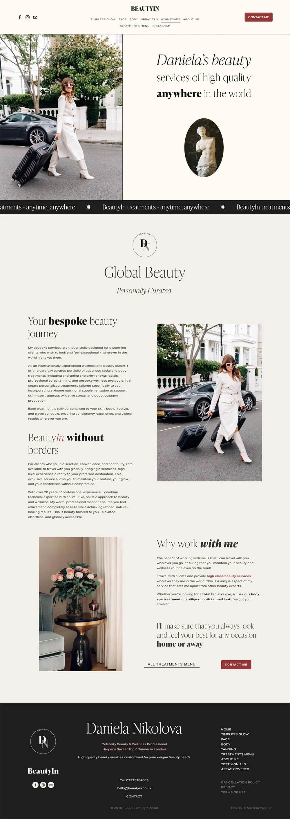 Celebrity Beauty Services  web page featuring Daniela Nikolova delivering bespoke facial routines worldwide.