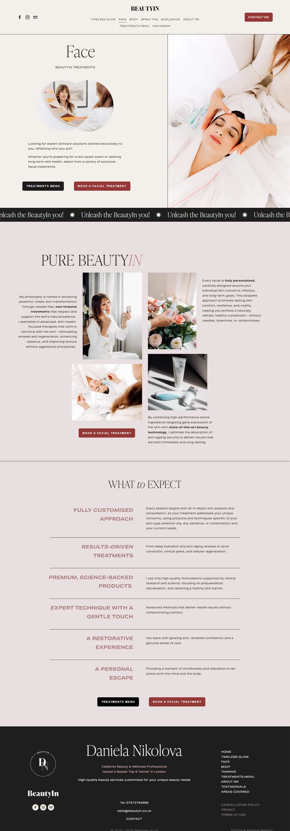 Image of the Face page of BeautyIn website showing Daniela delivering a luxury facial.