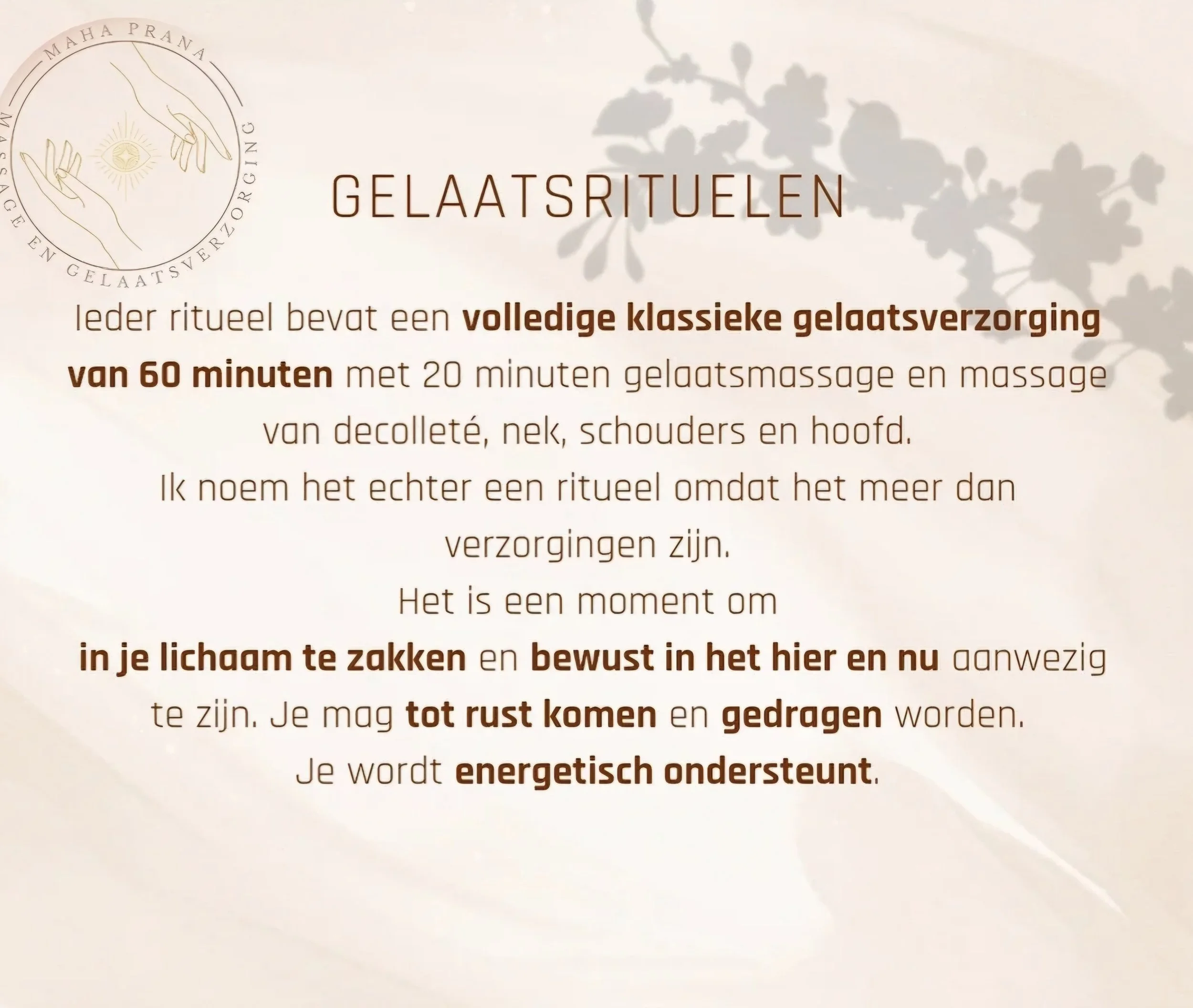 Text in Dutch describing a gelato ritual, emphasizing complete classic gelato care of 60 minutes with massage and relaxation, highlighting being mindful and energetic.