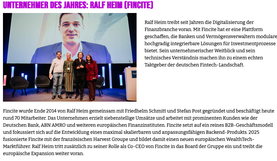 Press/ Article about winning the German FinTech Entrepreneur of the Year in 2025 