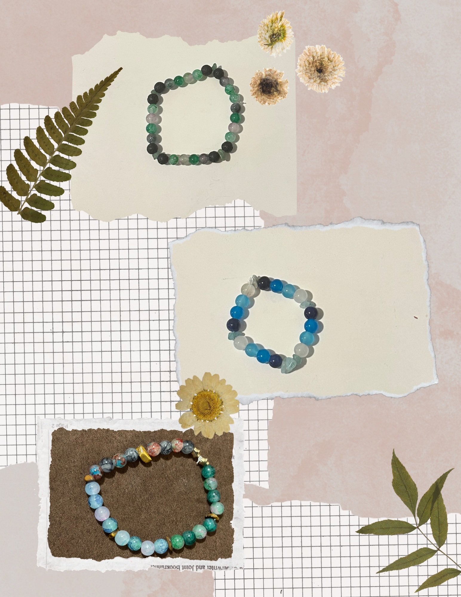 3 bracelets with lava rock and crystals with glass beads green blue multicolor