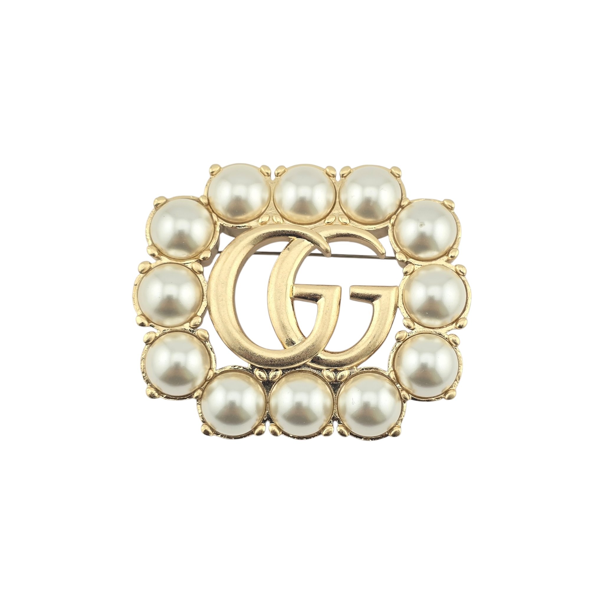 GUCCI GG Pearl Double G Brooch Aged Gold