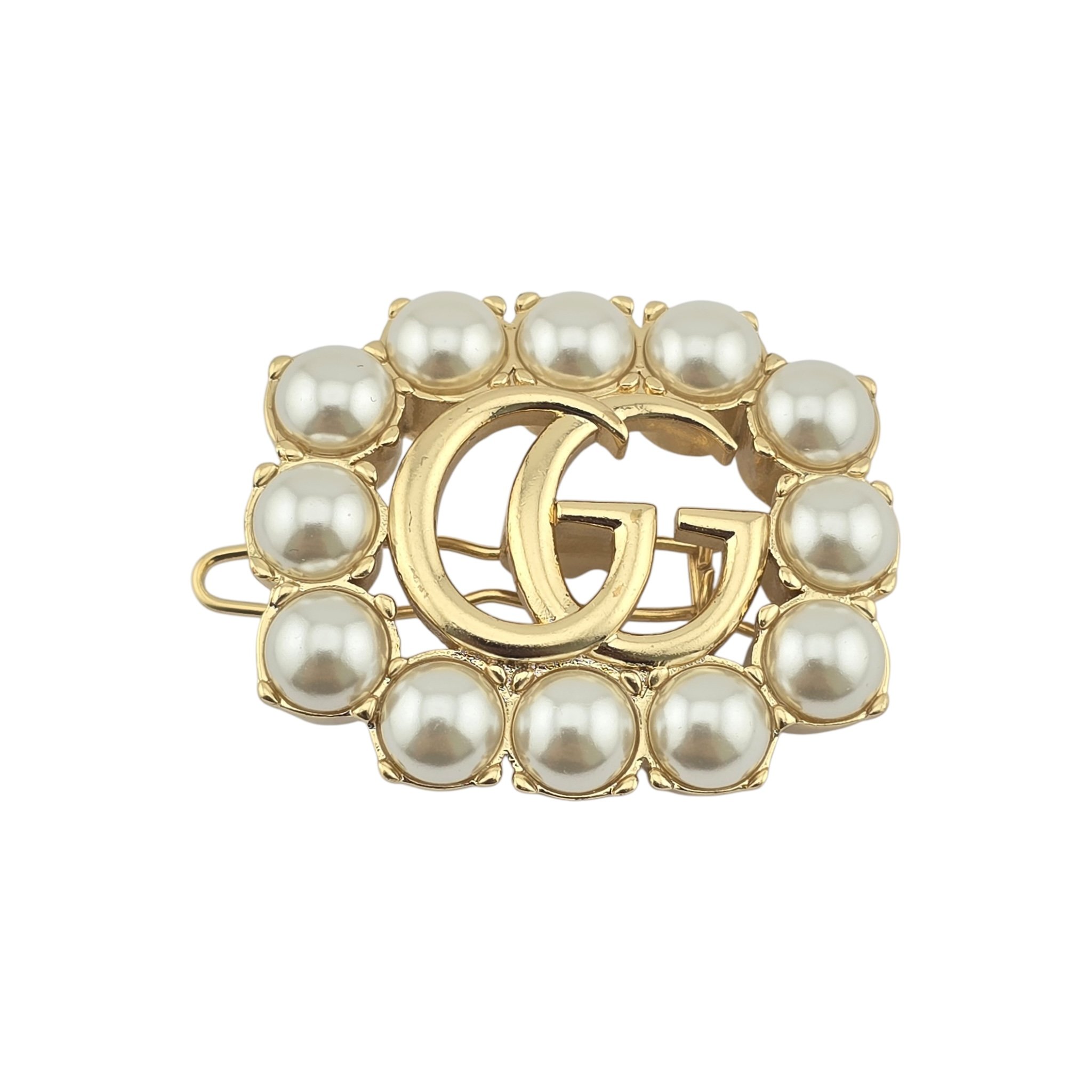 GUCCI Pearl Double G Hair Clip Aged Gold