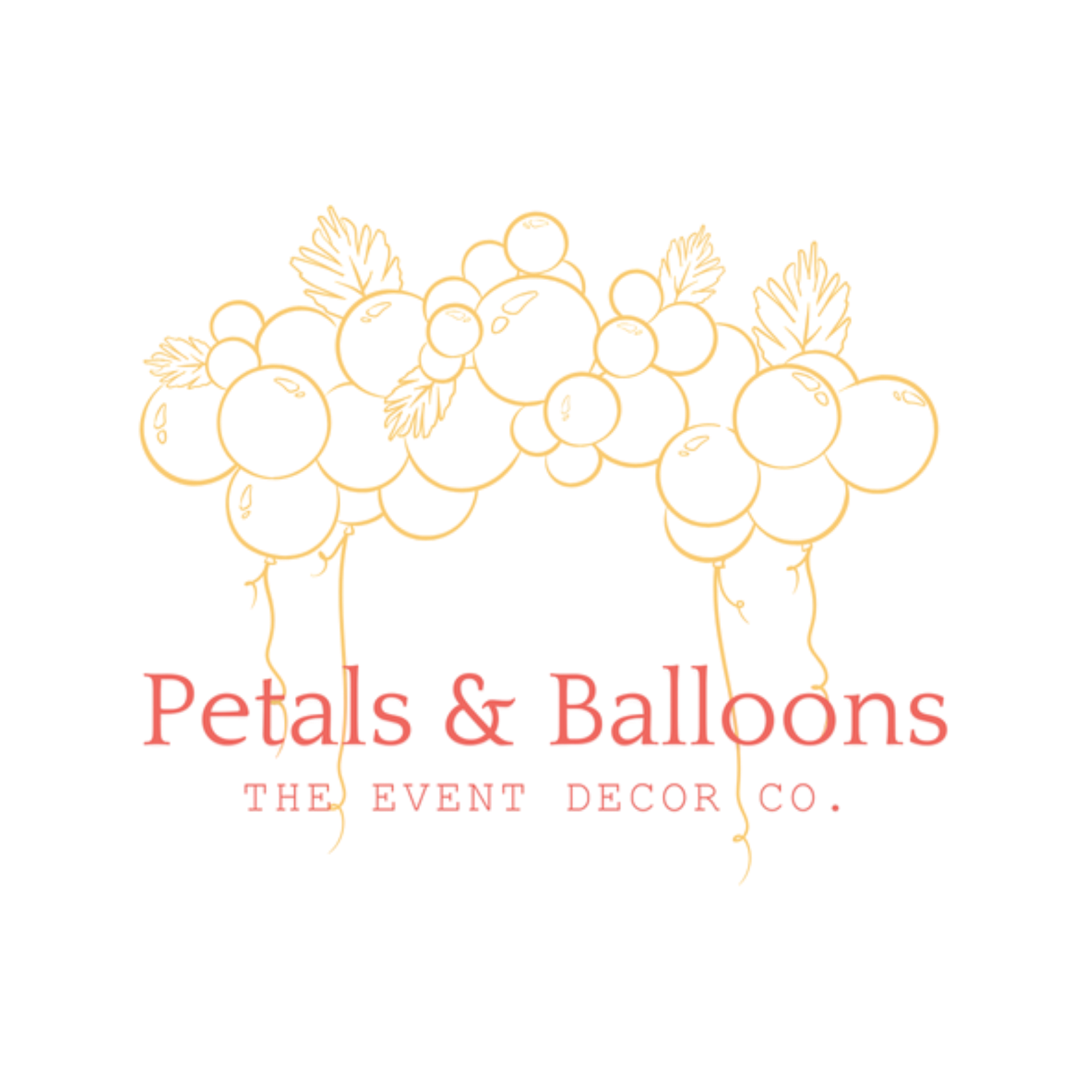 A digital graphic features a cluster of peach-colored peals and balloons with gold accents, decorated with gold leaves. Below the cluster, the text reads 'Peals & Balloons' in red, with a subtext 'The Party & Decor Co.' in smaller red letters.